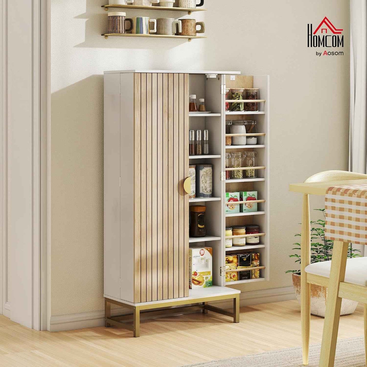 Buffet Cuisine Garde Manger 12 Étagères Portes 58X29X119,5Cm Blanc | Meuble Cuisine Rangement, Vaisselier, Étagères Réglables, Double Porte À Lattes, Pour Salle À Manger, Salon