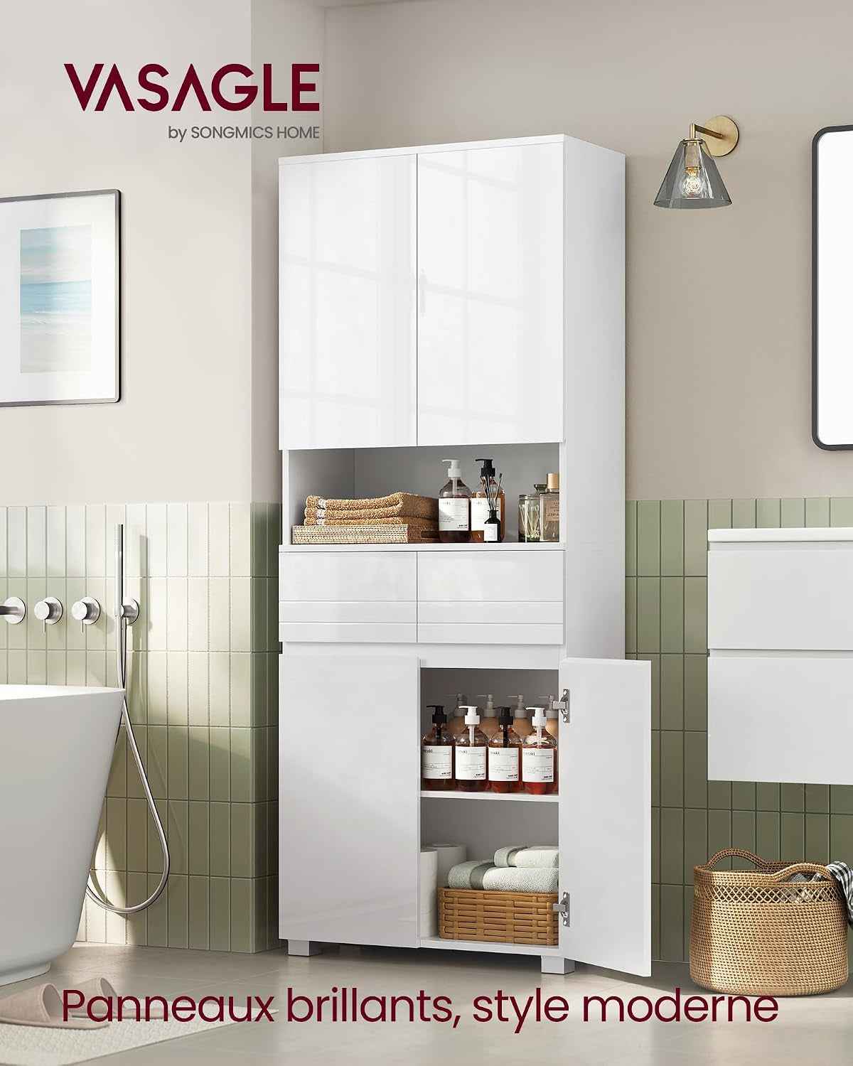 Armoire De Salle De Bain, Meuble De Rangement, Colonne, Avec 2 Tiroirs, Étagères Réglables, Compartiments, 30 X 60 X 170 Cm, Blanc Nuage BBC563W01