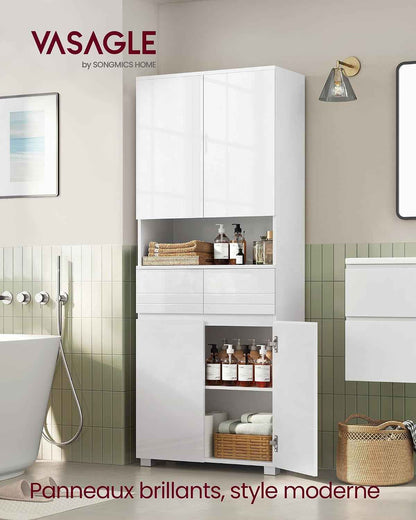 Armoire De Salle De Bain, Meuble De Rangement, Colonne, Avec 2 Tiroirs, Étagères Réglables, Compartiments, 30 X 60 X 170 Cm, Blanc Nuage BBC563W01