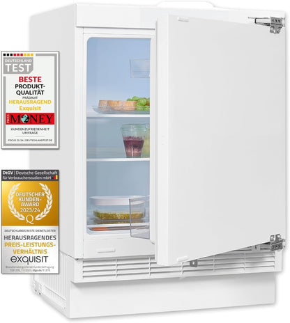 Exquisit UKS140-V-FE-010E Unterbau Kühlschrank, Nischenhöhe 82,5 Cm, 60 Cm Breit, 138L, Festtürmontage, Abtauvorgang Automatisch, Eierablagen, Temperatureinstellung, Weiß