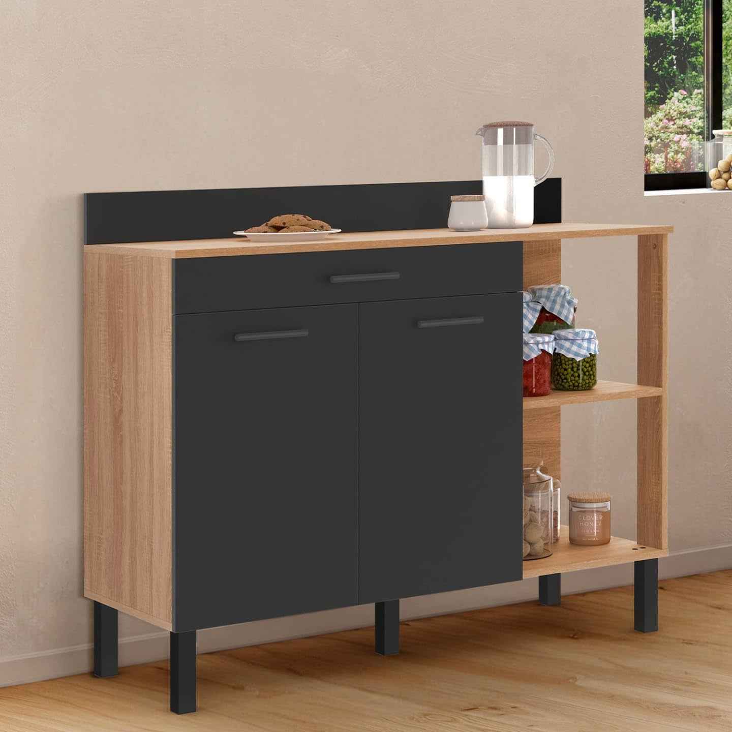 - Buffet Bas De Cuisine 120 CM CINA Plan De Travail H.83 Cm 2 Portes + Tiroir Façon Hêtre Et Noir