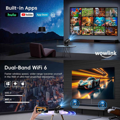 [Apps Intégrées & 2026 Upgraded] Vidéoprojecteur Avec Wifi 6 Et Bluetooth | Projecteur Supporte 4K 1080P Auto Keystone Rotation 180° Compatibile Avec HDMI/TV Stick/Memory Stick/Laptop, Noir