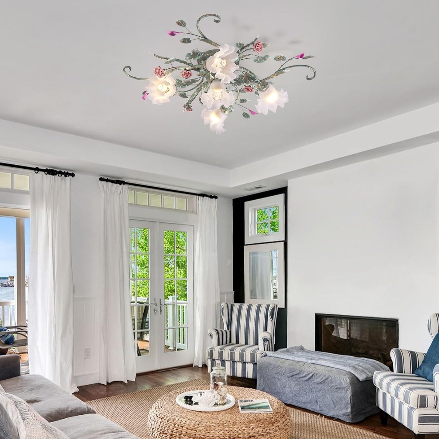 Led Plafonniers De Villa De Campagne,Lustre Avec Abat-Jour En Verre Et Conception De Fleurs Fleurs,Vintage Suspension Luminaire, Pour Chambre À Coucher Salon Chambre À Coucher Restaurant Couloir