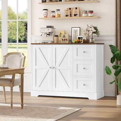 Meuble De Rangement, Buffet Cuisine, Blanc Et Marron | 3 Tiroirs Et 2 Portes, Meuble Cuisine Placard Pour Cuisine, Salle À Manger, Salon
