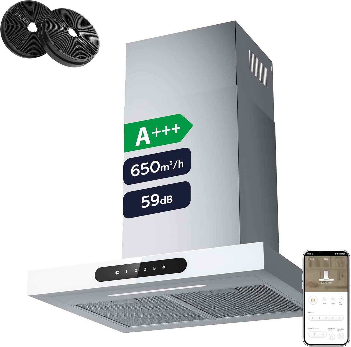 Hotte Décorative Class A+++ 60Cm 650M³/H Tactile Et Wifi Connectée 4 Vitesses&Fonction Boost Avec Filtre Charbon Affichage Numérique Recyclage Ou Evacuation Blanche CBCW6102