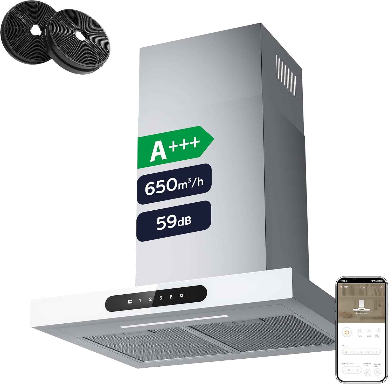 Hotte Décorative Class A+++ 60Cm 650M³/H Tactile Et Wifi Connectée 4 Vitesses&Fonction Boost Avec Filtre Charbon Affichage Numérique Recyclage Ou Evacuation Blanche CBCW6102