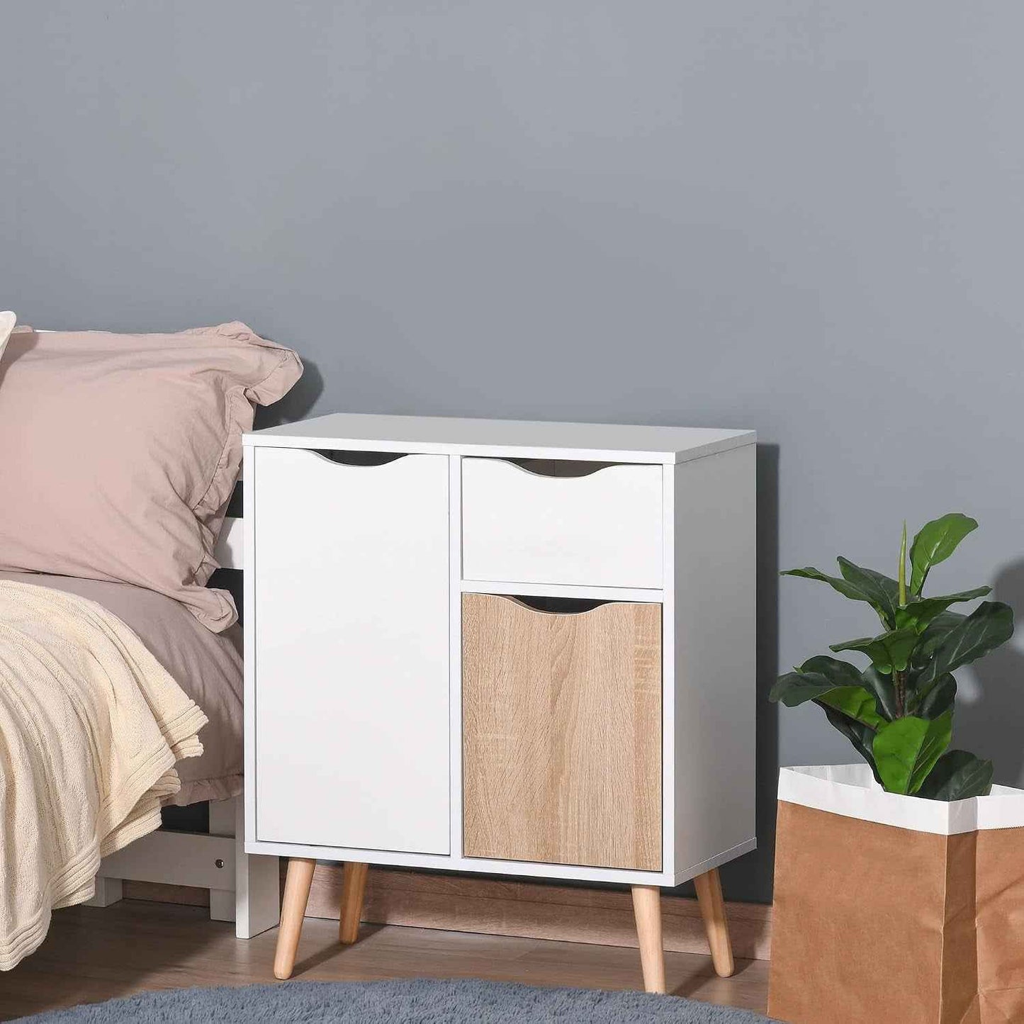 Buffet Meuble De Rangement Design Scandinave Blanc Chêne Clair | 2 Placards, Tiroir Coulissant, Bois