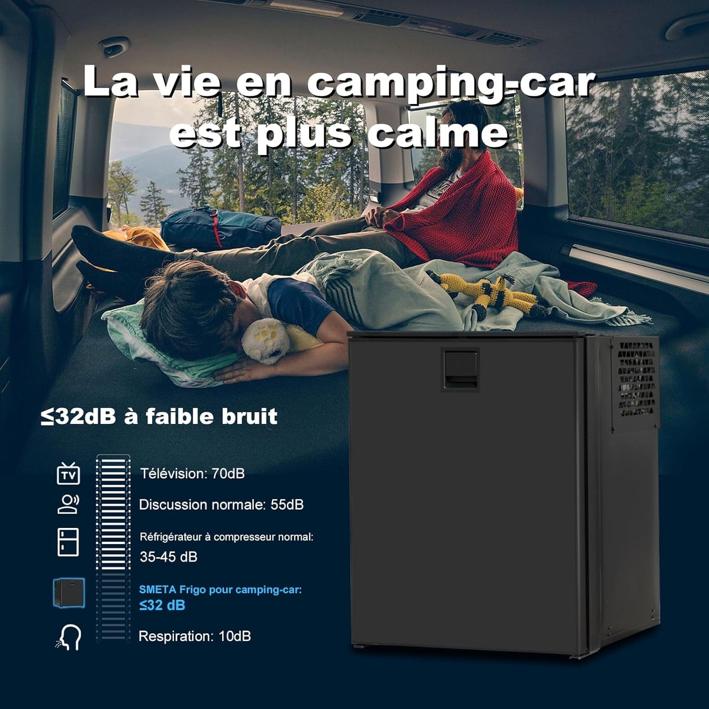Frigo Compression 12V, 85L Avec Congélateur, Frigo Camping Car, Frigo 12V, Frigo Camion 24V, Réfrigérateur Pour Voiture Caravane Van Aménagé Fourgon Bateau, -15 À 10 ℃, Noir
