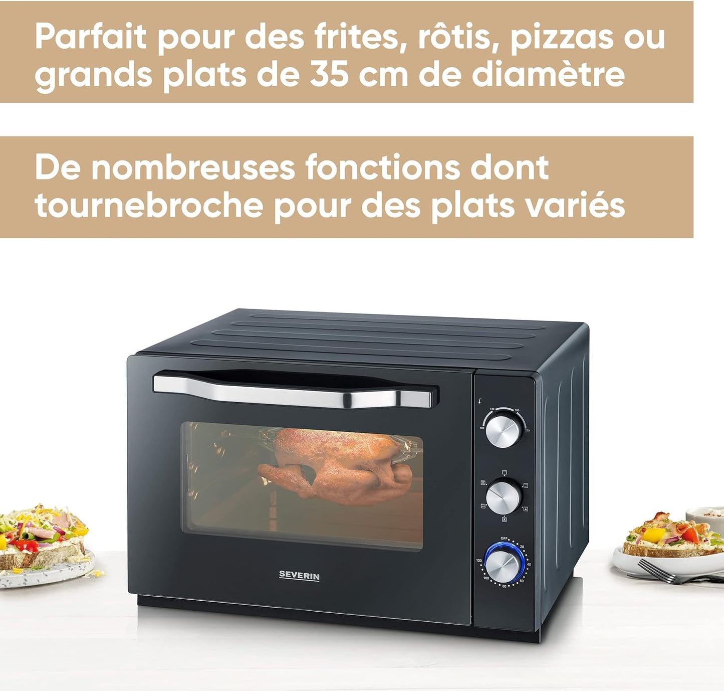 Four Posable XXL À Chaleur Tournante 60 L Avec Pierre À Pizza Et Tournebroche 2 200 W Design Simple Et Élégant, Four Électrique Avec Minuteur 120 Min, Noir/Inox, to 2073