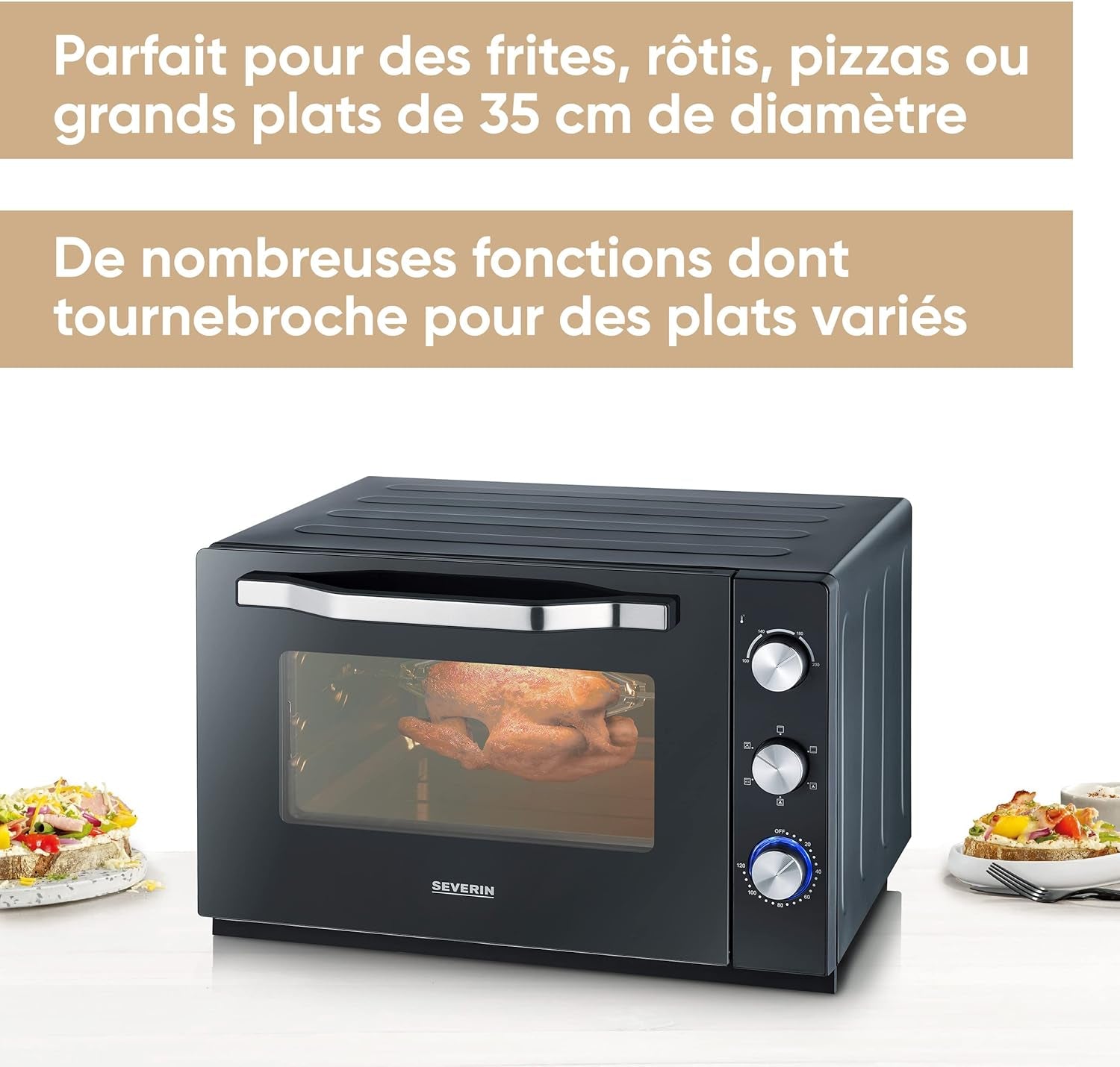 Four Posable XXL À Chaleur Tournante 60 L Avec Pierre À Pizza Et Tournebroche 2 200 W Design Simple Et Élégant, Four Électrique Avec Minuteur 120 Min, Noir/Inox, to 2073