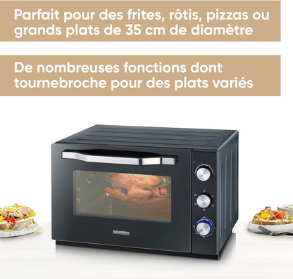 Four Posable XXL À Chaleur Tournante 60 L Avec Pierre À Pizza Et Tournebroche 2 200 W Design Simple Et Élégant, Four Électrique Avec Minuteur 120 Min, Noir/Inox, to 2073