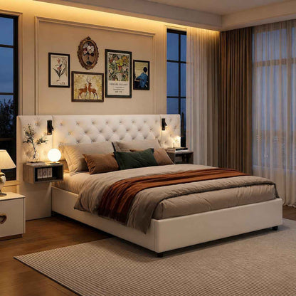 Lit Coffre 140X200 Cm Avec Sommier, Lit Complet En Velours Avec Tables De Chevet, Lit Double Avec Lampes De Lecture, Tête De Lit Avec USB Et USB-C, Pour Adultes (Blanc Cassé, 140 X 200 Cm)