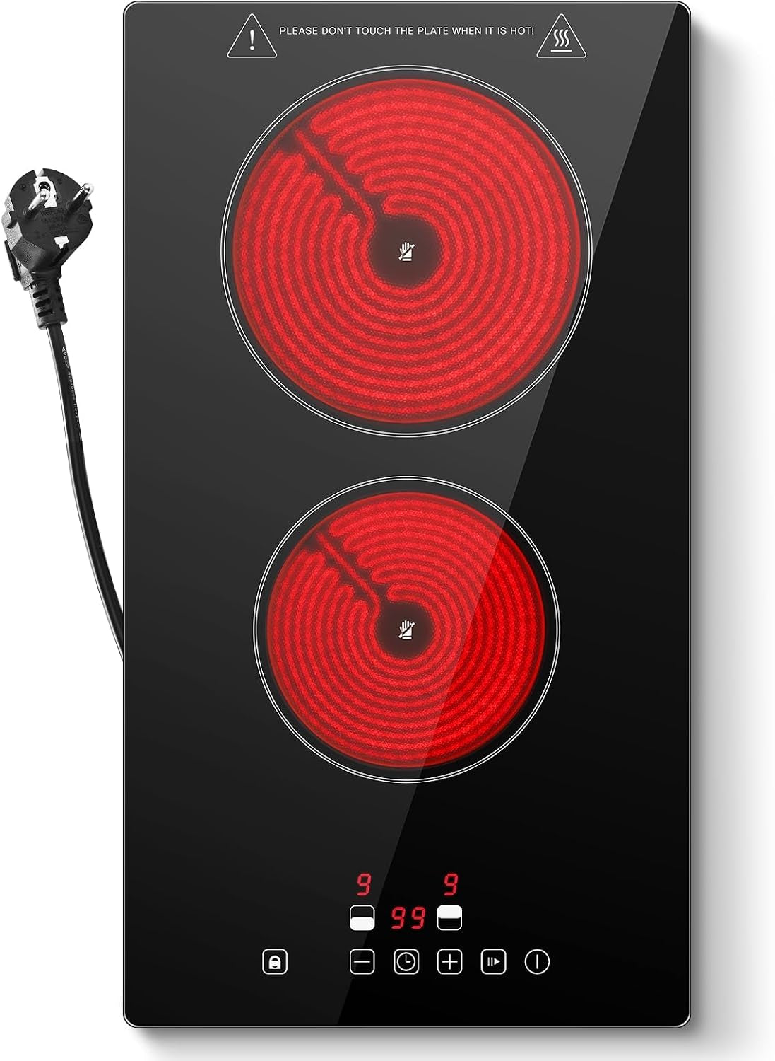Plaque Vitrocéramique 2 Feux, Plaque De Cuisson Electrique 3000W | Avec Prise, 30Cm Encastrable/Portable, 9 Niveaux, Commande Tactile, Arrêt Automatique, Pour Toutes Les Poêles