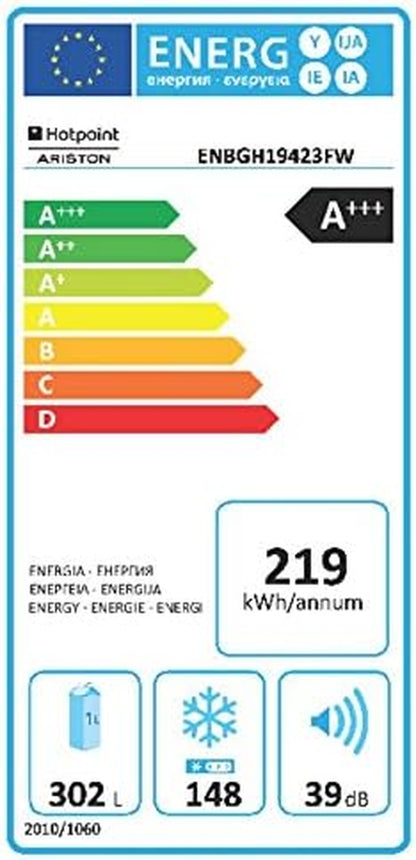 Hotpoint Enbgh 19423 FW Réfrigérateur/Congélateur/A + + +/195.5 Cm Hauteur/219 Kwh/An/302 L Refroidissement Partie/148 L Partie Congélateur/No Frost/Seulement 0,6 Kwh/24 Std/Acier Inoxydable