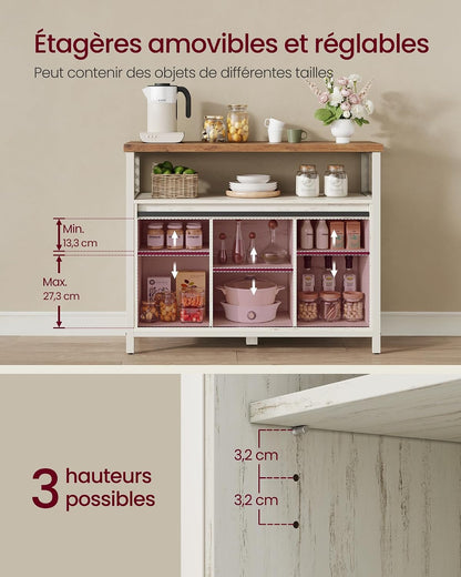 Buffet Cuisine, Meuble De Rangement, Avec 2 Portes Coulissantes | Bahut, Pour Salon, 33 X 100 X 80 Cm, Étagères Réglables, Blanc Rustique Et Blanc Crème, Daxton Collection LSC092W01