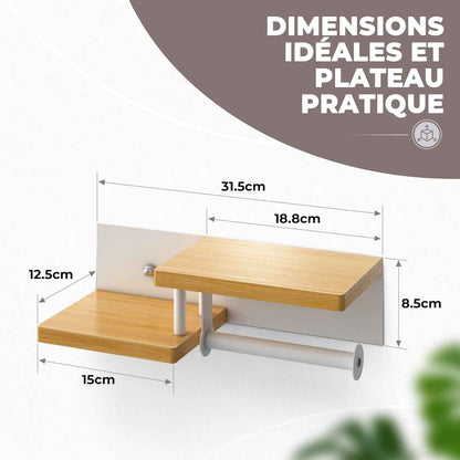® Porte Papier Toilette Mural En Bois De Bambou [Sans PERCAGE] | Derouleur Papier Toilette De Haute Qualité Avec Étagères | Blanc | Porte Rouleaux De Papier Toilette