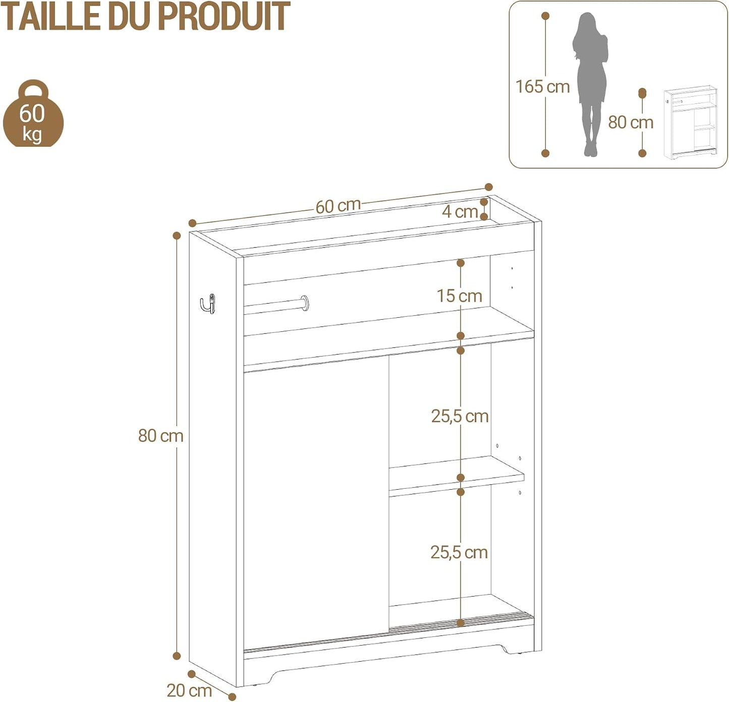 Meuble De Salle De Bain, Meuble Toilette Avec Rangement Papier Toilette Et Crochets, Portes Coulissantes, Étagère Réglable, 20 X 60 X 80 Cm, Blanc BC62813X