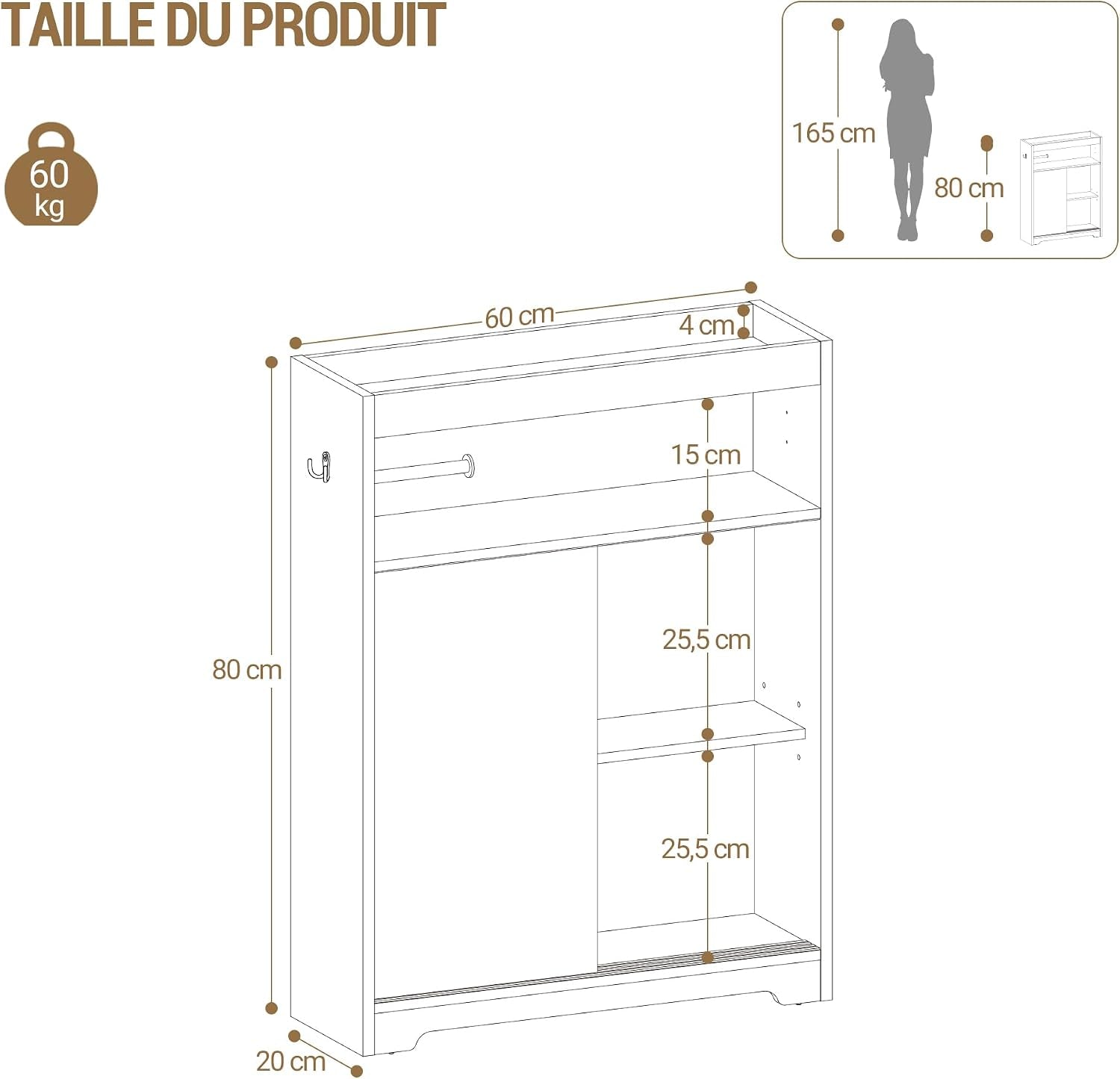 Meuble De Salle De Bain, Meuble Toilette Avec Rangement Papier Toilette Et Crochets, Portes Coulissantes, Étagère Réglable, 20 X 60 X 80 Cm, Blanc BC62813X