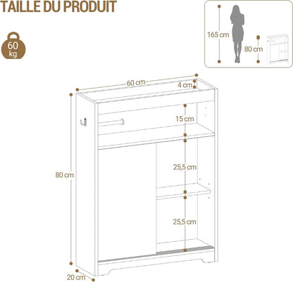 Meuble De Salle De Bain, Meuble Toilette Avec Rangement Papier Toilette Et Crochets, Portes Coulissantes, Étagère Réglable, 20 X 60 X 80 Cm, Blanc BC62813X