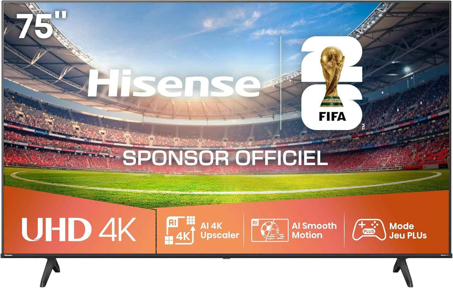 Hisense Smart TV 75 Pouces 75A6Q 4K UHD, Dolby Vision, HDR, VIDAA Avec Youtube, Netflix, Disney+, Canal + (Modèle 2025)
