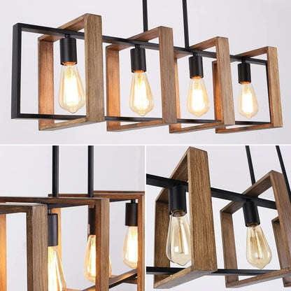 Éclairage D'Îlot De Cuisine, Lustre Moderne Noir Pour Salle À Manger Et Ferme, Lampes De Table De Billard, Finition Bois Et Métal Noir Mat (4 Têtes, Bois)