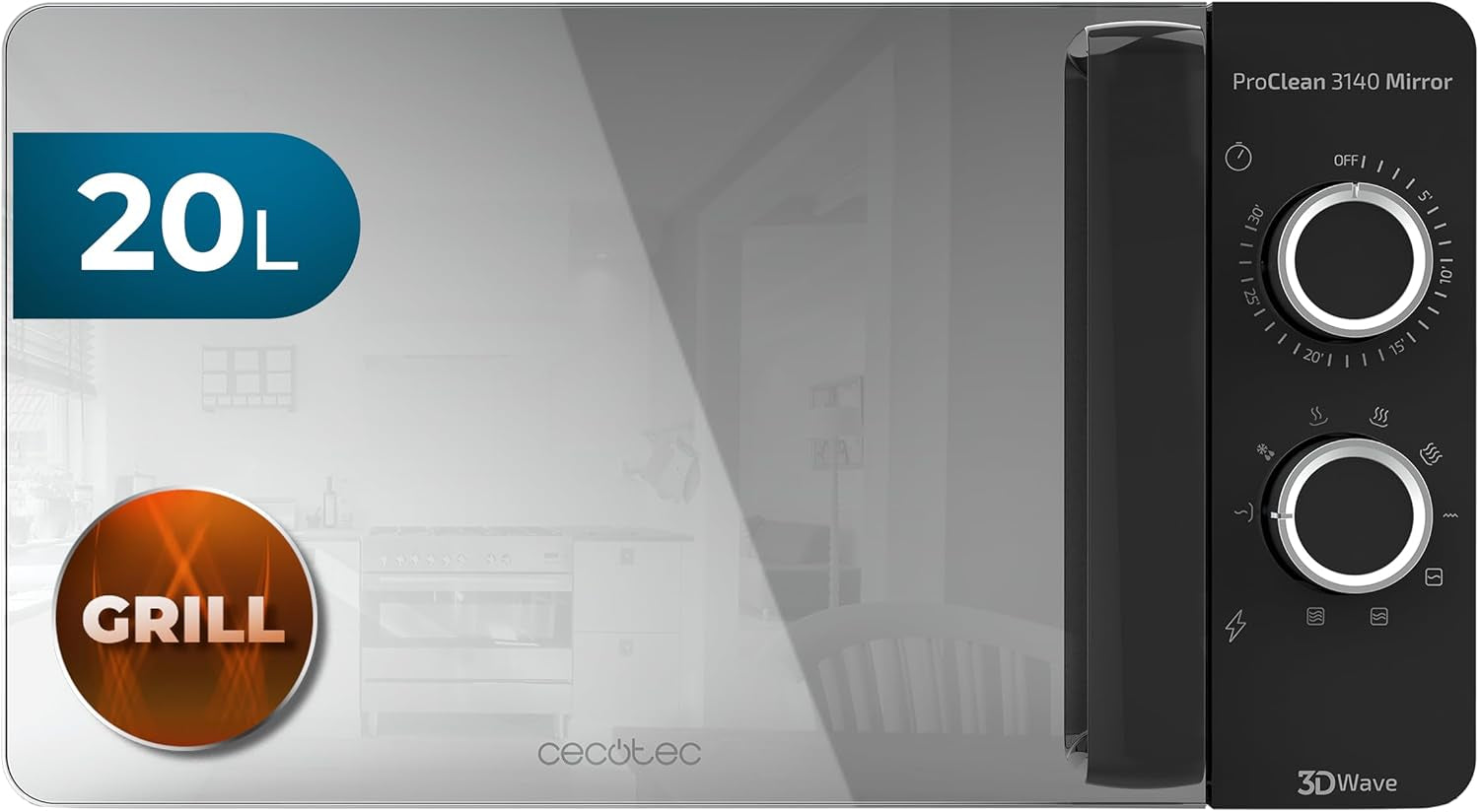 Micro-Ondes Avec Gril Proclean 3140 Mirror. Capacité De 20 L, Revêtement Ready2Clean, 700 W De Puissance, Gril 800 W, 6 Niveaux, Minuterie 30 Minutes, Mode Décongeler , Finition Noir.