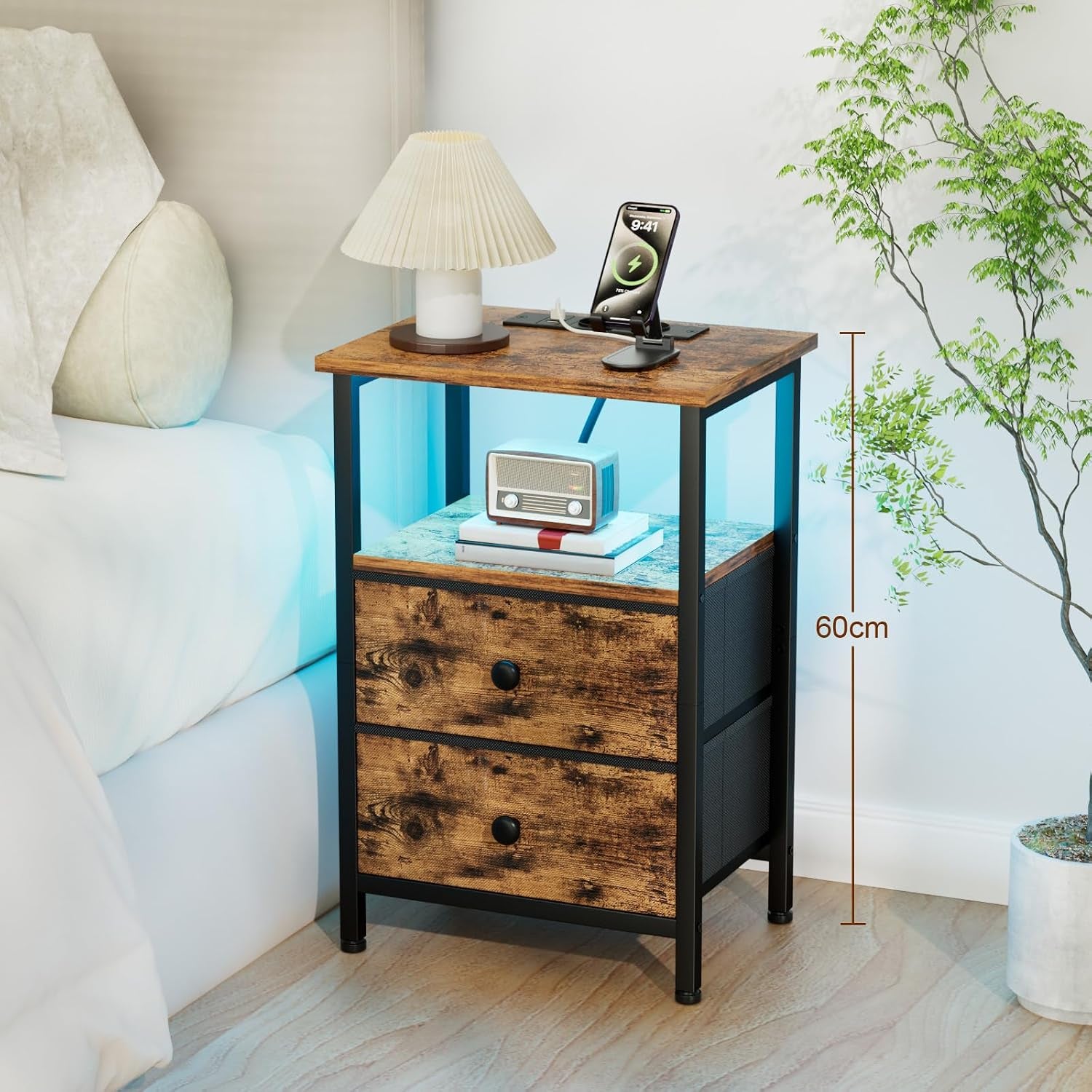 Lot De 2 Tables De Chevet, Table De Nuit Avec Prise Intégrée LED | Table D'Appoint Avec 2 Tiroirs Et Compartiment Ouvert, Pour Chambre, Salon Ou Canapé, Marron EHETS02BR