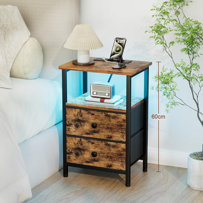 Lot De 2 Tables De Chevet, Table De Nuit Avec Prise Intégrée LED | Table D'Appoint Avec 2 Tiroirs Et Compartiment Ouvert, Pour Chambre, Salon Ou Canapé, Marron EHETS02BR