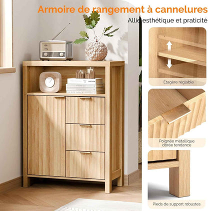 Meuble De Rangement, Armoire De Rangement En Bois Avec 1 Compartiment Ouvert, Meuble Sur Pied Avec 4 Tiroirs, Commode Pour Cuisine, Entrée, Salle De Bain, Chêne, 59 X 30 X 81 Cm