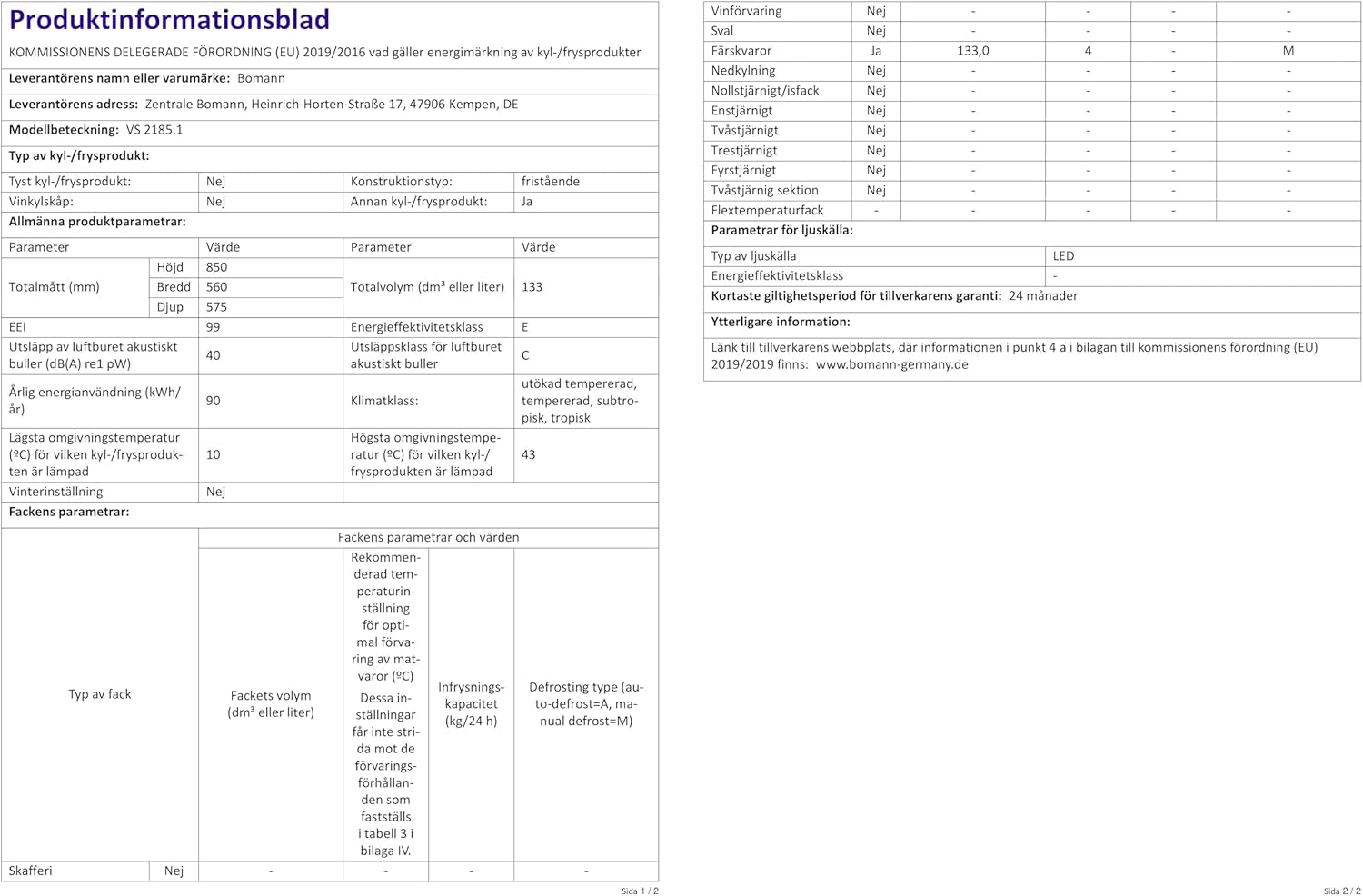 Bomann Réfrigérateur 133L Blanc Vs2185-1-Blanc, Capacité Nette : 133 Litres, Éclairage Intérieur À DEL, Contrôle De La Température En Continu, 3 Clayettes En Verre
