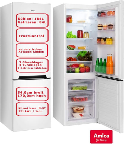 Amica KGCL 387 115 W Stand Kühl-Gefrierkombination, 54 Cm Breit, 170 Cm Hoch, 268 L, Automatische Abtauung, Frostcontrol, 3 Ablagen, Weiß