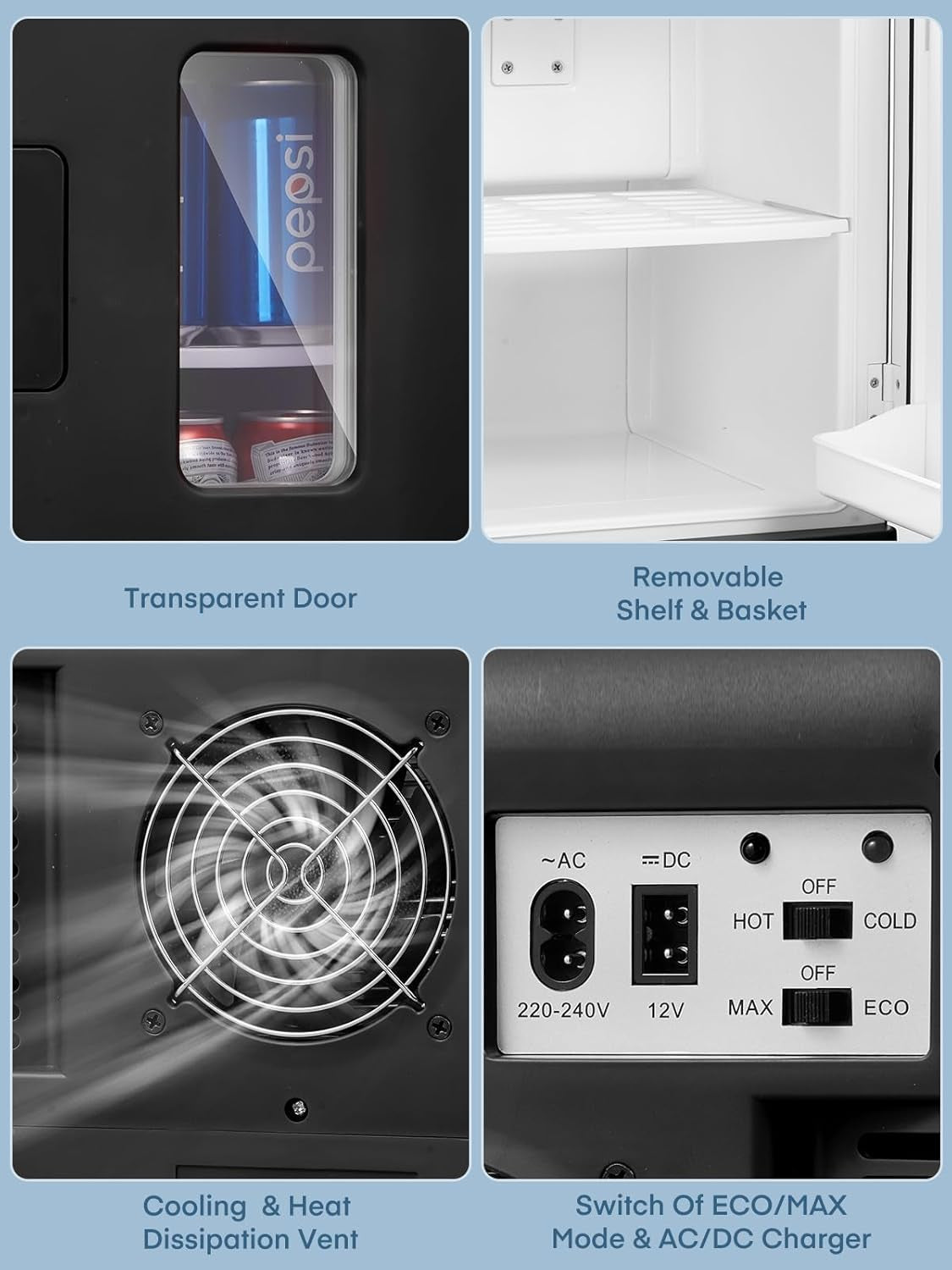 Mini Frigo De Chambre 15L/21 Canettes, Petit Frigo Portable 240V/12V, Mode Silencieux, Fonction Chaud/Froid, Cosmetique Noir