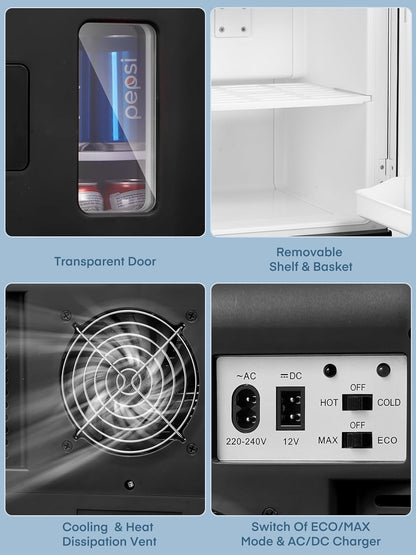 Mini Frigo De Chambre 15L/21 Canettes, Petit Frigo Portable 240V/12V, Mode Silencieux, Fonction Chaud/Froid, Cosmetique Noir