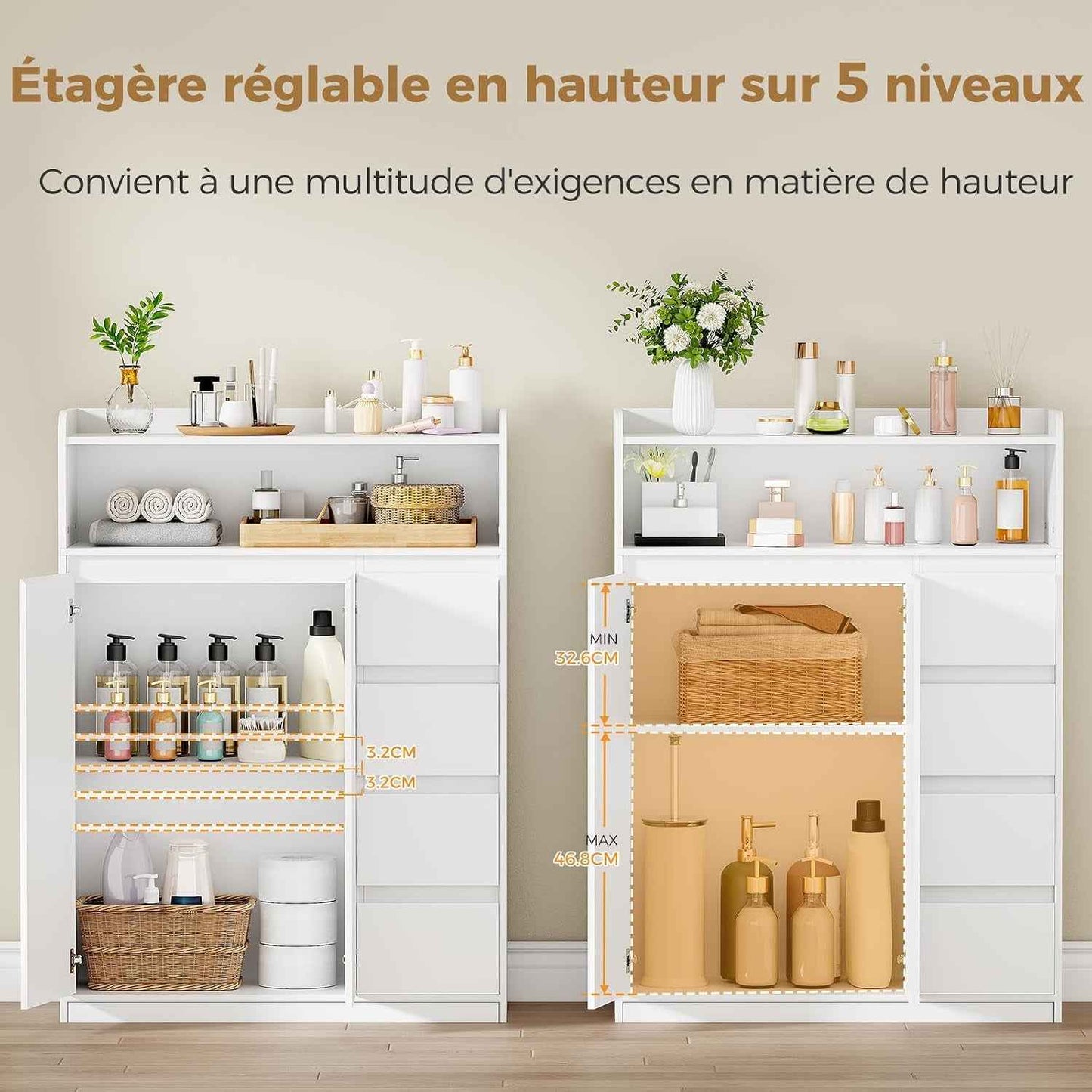 Meuble Salle De Bain, Armoire Sur Pied Haute Niveaux 110X80X30Cm | Meuble De Rangement Avec Étagère Réglable À 4 Tiroirs, 2 Portes, Commode, Pour Salon, Salle De Bain, Blanc SBC015W