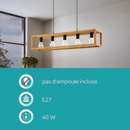 Suspension Luminaire Blackcrown, Plafonnier Suspendu Vintage Pour | Salle À Manger, 3 Lampes, Lustre Salon Au Design Nature, Bois Clair, Douille E27, 100 Cm