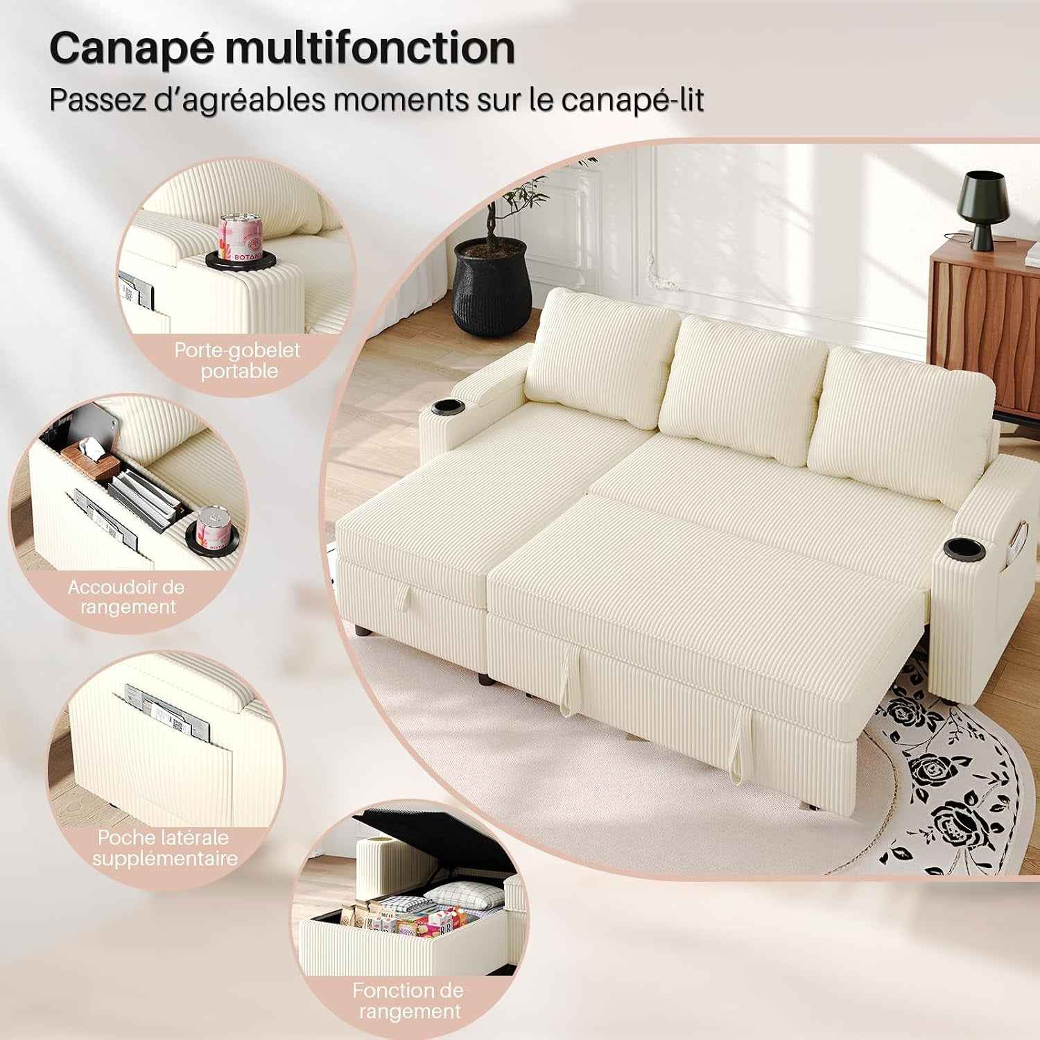 , Canapé Lit Avec Rangement Intégré Et Accoudoirs Multifonctionnels, Idéal Pour Salon, Design Moderne Et Pratique,Bureau Et Petit Appartement, Beige