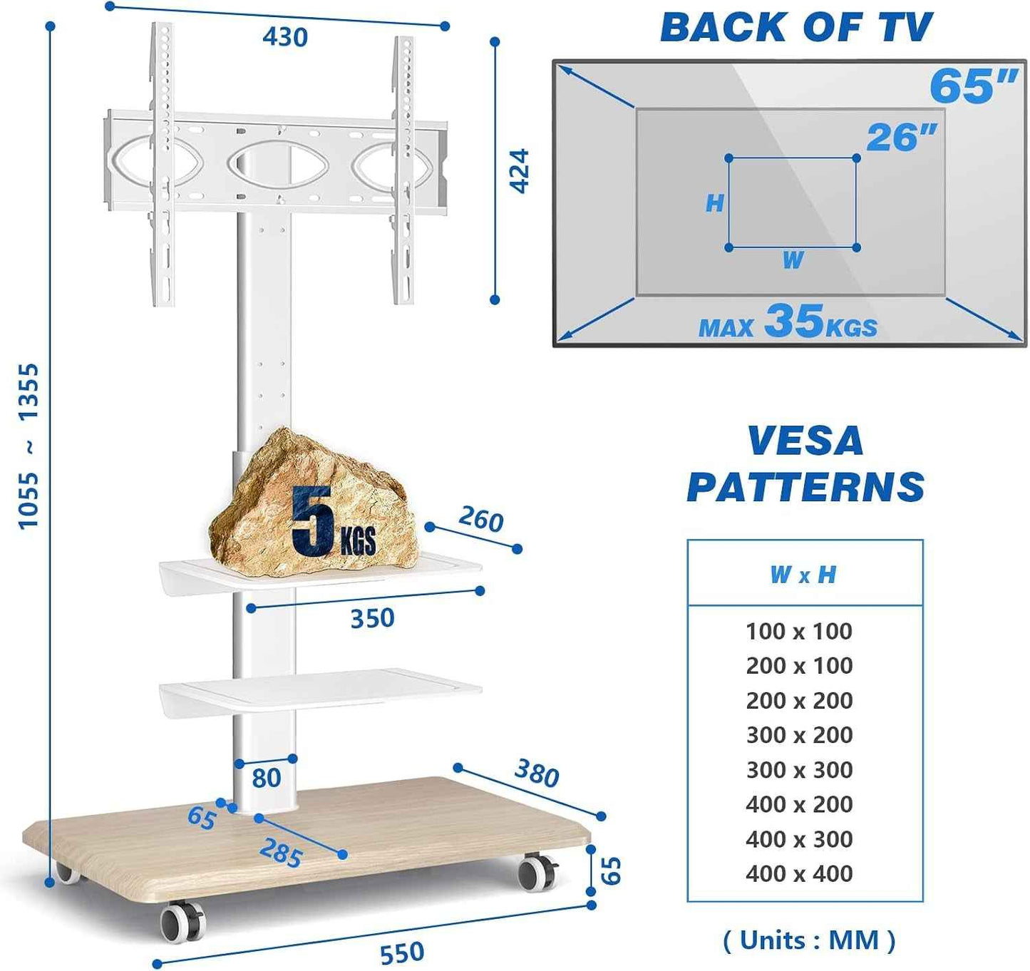 Blanc Support TV Roulettes Support TV Sur Pied Avec Socle En Bois Pour Télé De 26 À 65 Pouces, Réglable En Hauteur Pied TV Avec 3 Étagères Jusqu 'À 35 Kg, Max. VESA 400X400Mm