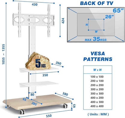 Blanc Support TV Roulettes Support TV Sur Pied Avec Socle En Bois Pour Télé De 26 À 65 Pouces, Réglable En Hauteur Pied TV Avec 3 Étagères Jusqu 'À 35 Kg, Max. VESA 400X400Mm