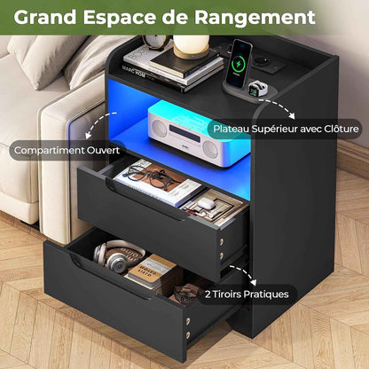 Table De Chevet Lot De 2 Avec Lumières LED Et Multiprise (2 Prises CA, 2 Ports USB) Table De Nuit Lot De 2 Avec 1 Compartiment Ouvert Et 2 Tiroirs Pour Salon, Chambre, Bureau, Moderne, Noir