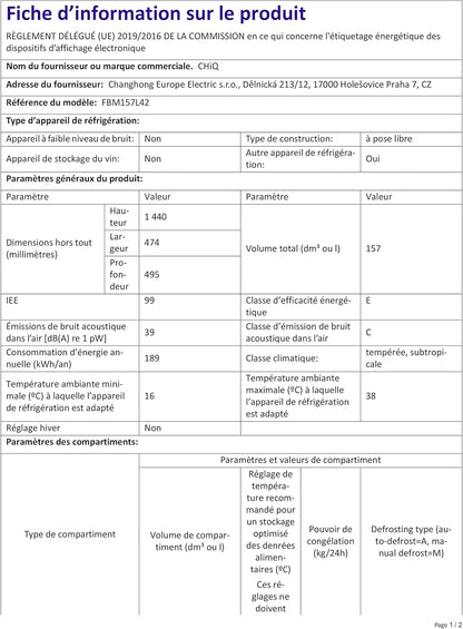 Réfrigérateur Congélateur Bas FBM157L42 157L (109+48), Largeur 47Cm, Low Frost, 39 Db, Portes Réversibles, 12 Ans De Garantie Sur Le Compresseur