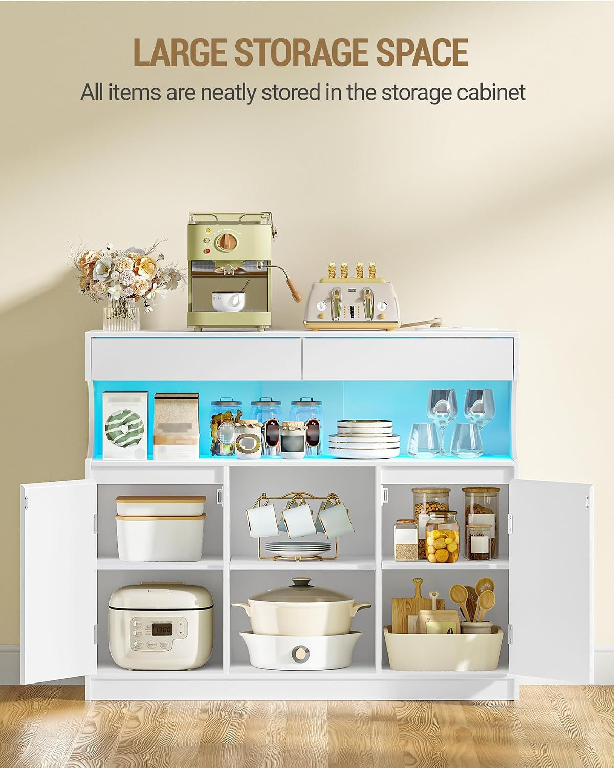 Meuble Cuisine, Buffet, Avec Multiprise Et Éclairage LED | Meuble De Rangement, 2 Tiroirs Et 2 Portes, Placard, Cuisine, Salon, 35 X 100 X 85 Cm, Blanc SC64903X