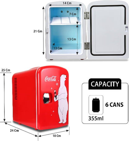 Coca Cola Mini Fridge Polar Bear 4 Liter/6 Can Portable Fridge/Mini Cooler for Food, Beverages, Skincare -Use at Home, Office, Dorm, Car, Boat-Ac & DC Plugs Included, Red [Energy Class A]