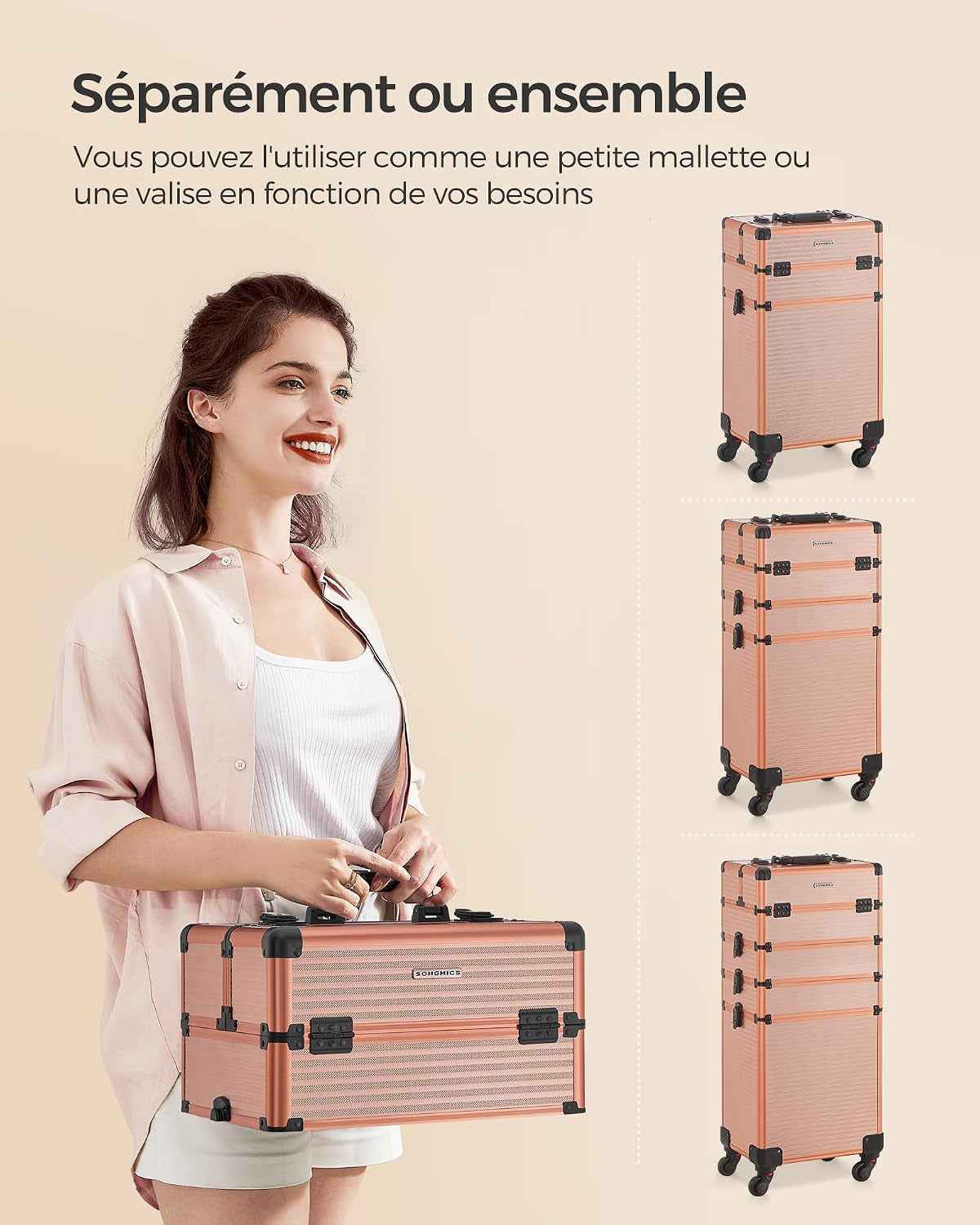 Valise De Maquillage Professionnel 4-En-1, Mallette Cosmétique, XXL, 34 X 24 X 79,3 Cm, Verrouillable, Roulettes À 360°, Pour Voyages, Manucure, Maquilleur, Coiffure, Doré Champagne JHZ015A01