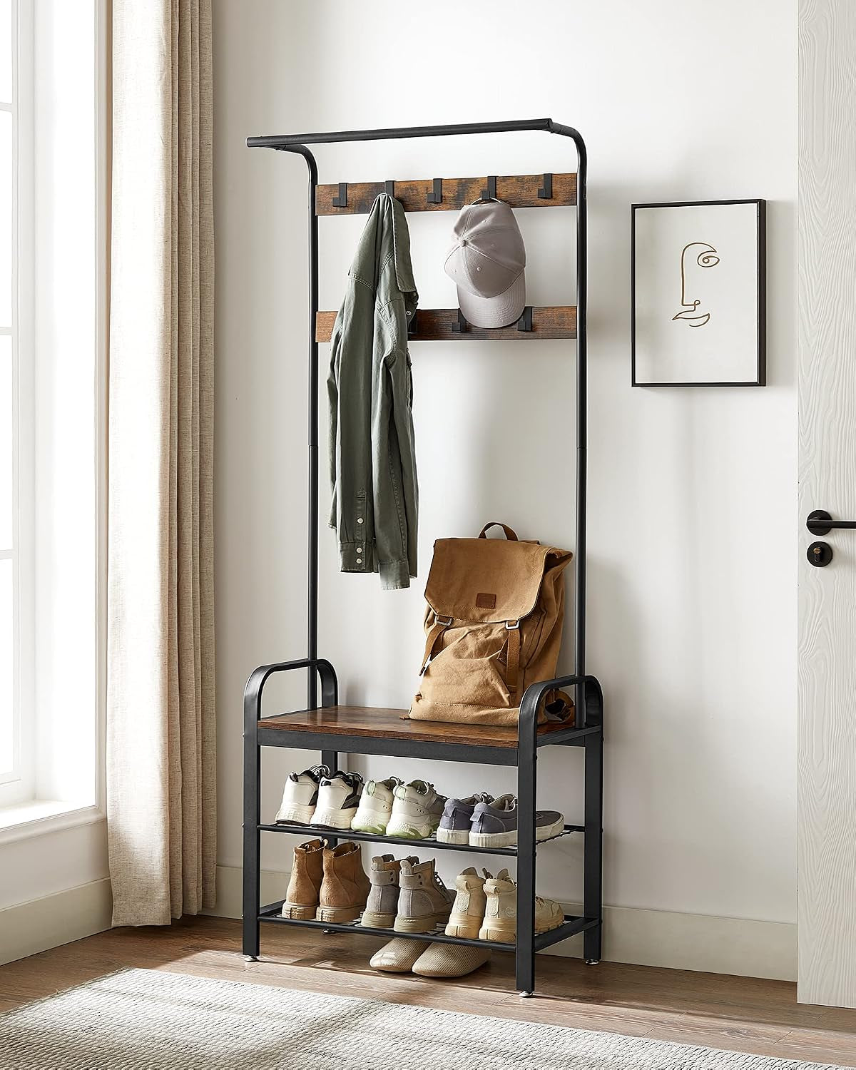 Porte-Manteau Avec Étagère À Chaussures, 4-En-1, Vestiaire | Meuble D'Entrée Avec Banc, Marron Rustique Et Noir, Amovibles, Vestiaire, Style Industriel, Dacey Collection HSR40B