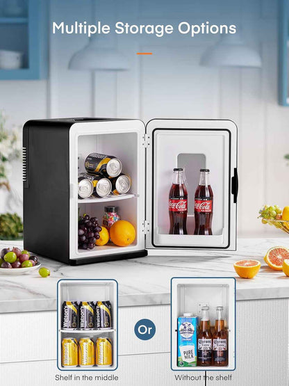 Mini Frigo De Chambre 15L/21 Canettes, Petit Frigo Portable 240V/12V, Mode Silencieux, Fonction Chaud/Froid, Cosmetique Noir