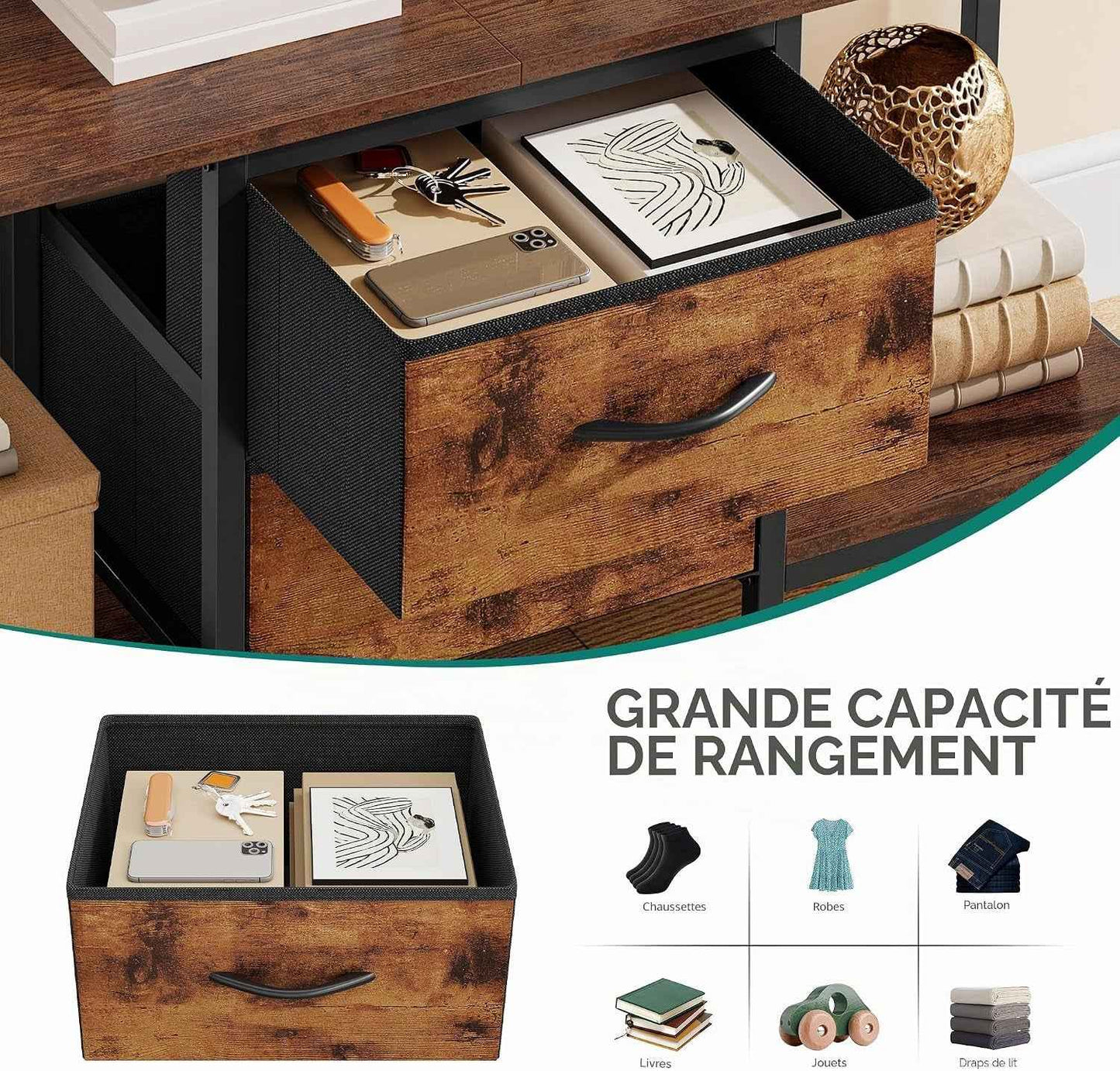 Meuble TV Jusqu'À 47", Meuble TV Avec 2 Tiroirs En Tissu Et 2 Étagères Ouvertes, Commode 110 X 30 X 50 Cm Pour Salon, Salle De Divertissement, Chambre À Coucher, Cadre En Acier
