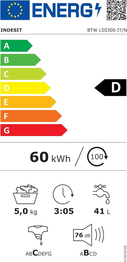 Indesit BTW L50300 IT/N - Machine À Laver Chargée Par Le Haut 5 Kg Libre Installation. Centrifugeuse 1000 Tours Par Minute. Largeur 40,0 Cm, Profondeur 60,0 Cm, Hauteur 90,0 Cm, Classe Énergétique D