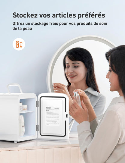 Mini Frigo De Chambre, 4 Litres / 6 Canettes 330Ml, 12V/220V, Petit Frigo Cosmetique, Mini Réfrigérateur Voiture Portable, Glacière Électrique, Fonction Chaud/Froid (Blanc)