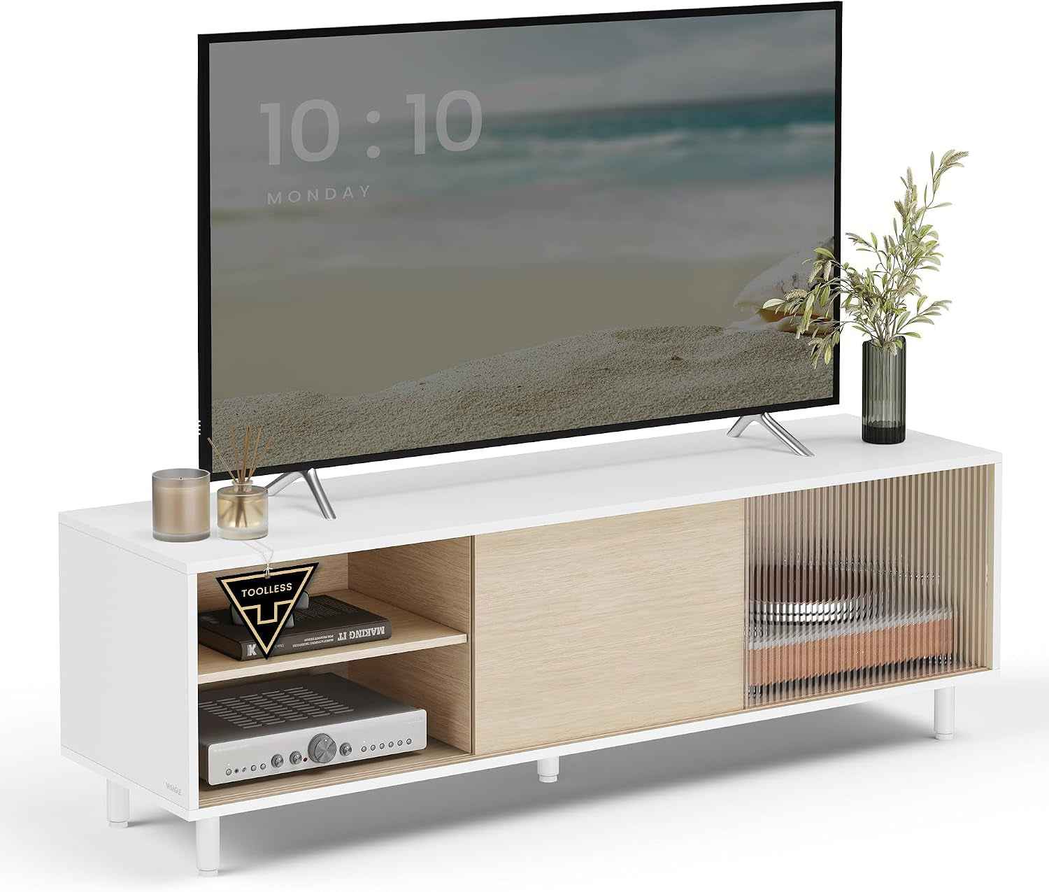 Meuble TV, Assemblage Ultra-Rapide Sans Outils Toolless, Table Télé, Pour Téléviseur Jusqu’À 32/45/50/55/60 Pouces, Salon, Verre Cannelé, Moderne, 140 X 39 X 45 Cm, Blanc LTV466W01