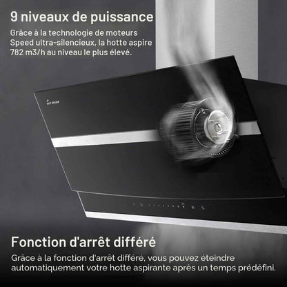 Hotte Aspirante Cuisine 80 Cm | Hotte Murale Inclinées | Acier Inoxydable | Verre Noir | Arrête Automatiquement | Opération Tactile | HERMES8005S